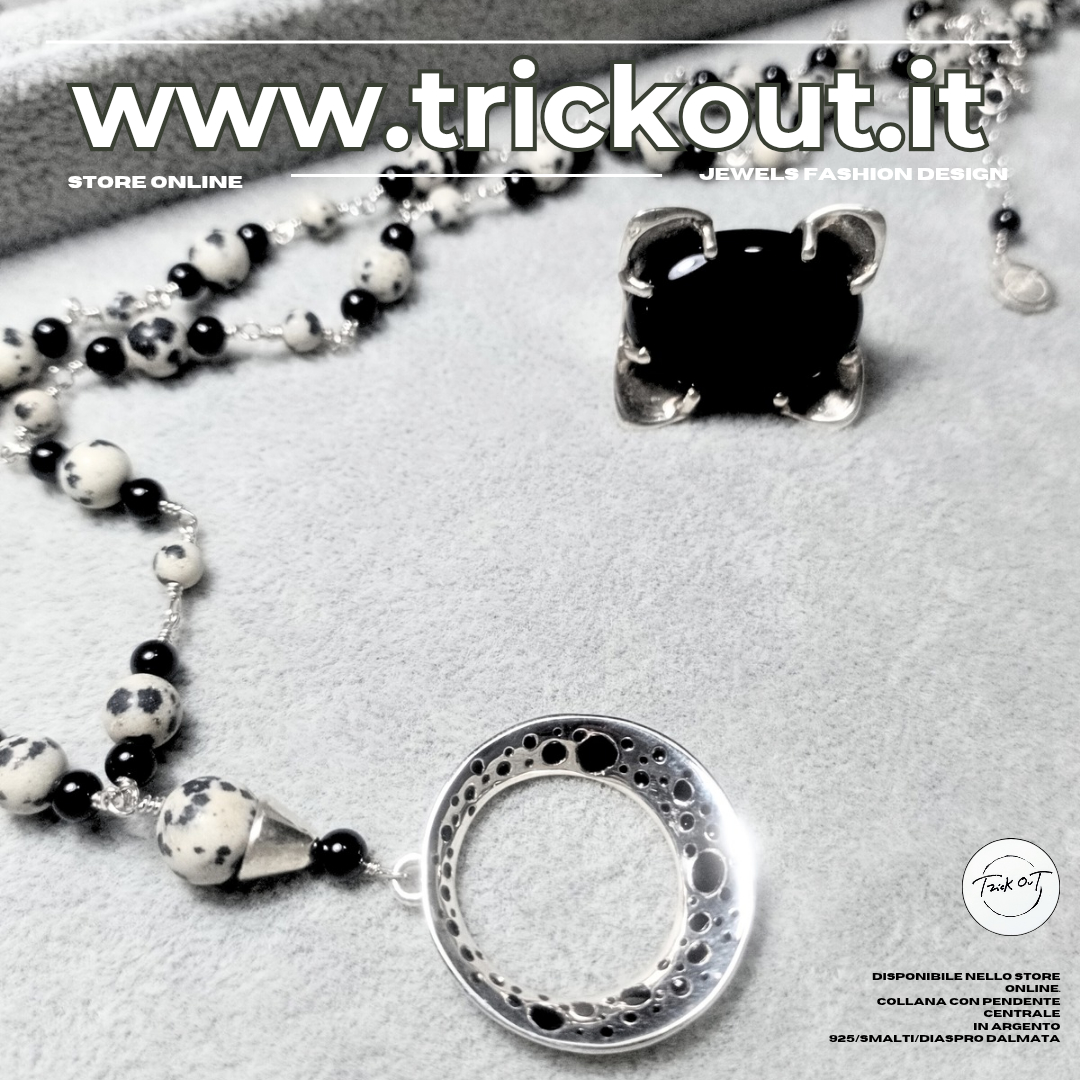 BOLLICINE-POST COLLANA mod circle.ag925/smaltinero/onice/diaspro dalmata-fatto a mano-