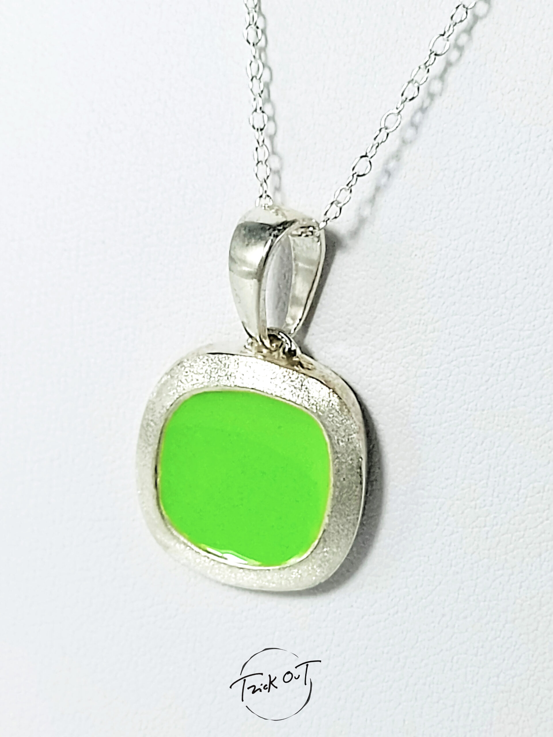 MARIDEA-Ciondolo con catena Ag925/smalto Verde/bordo diamantato-Fatto a Mano